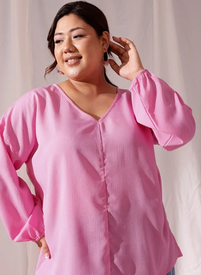 CURVY STREET Pink Puff Sleeve Regular Top for Women