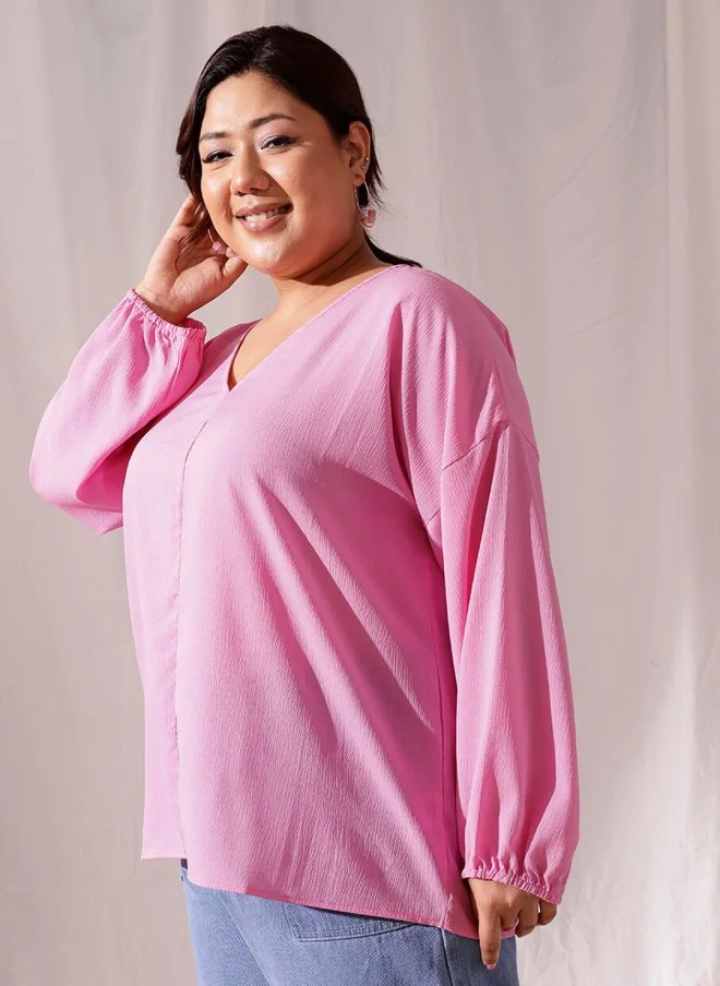 CURVY STREET Pink Puff Sleeve Regular Top for Women