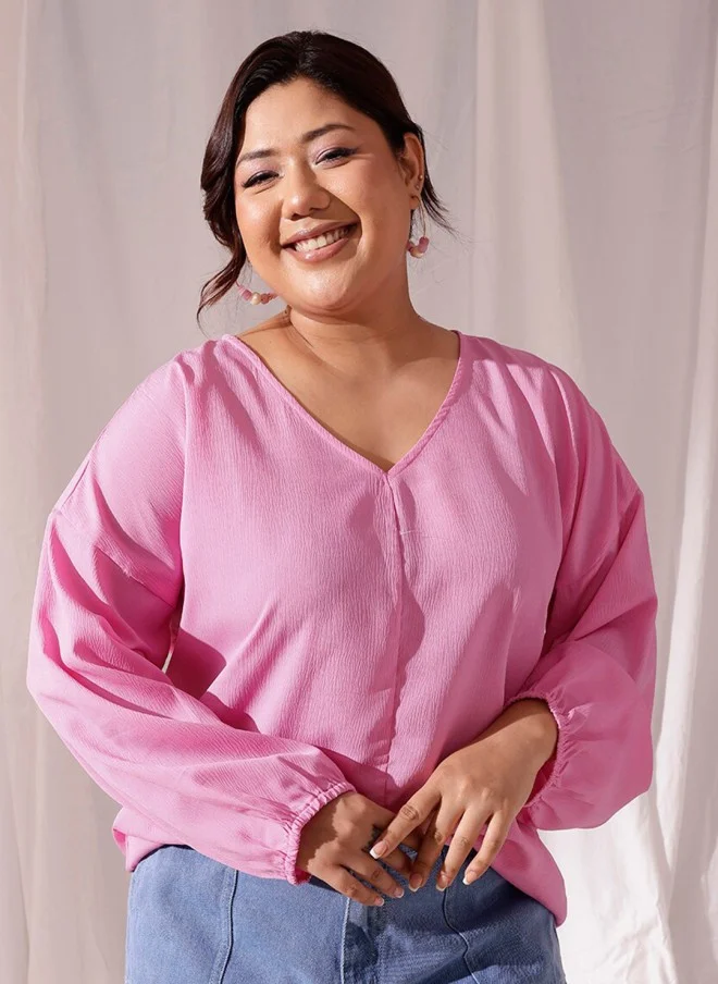 CURVY STREET Pink Puff Sleeve Regular Top for Women