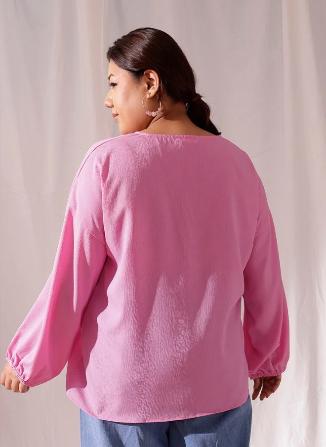 CURVY STREET Pink Puff Sleeve Regular Top for Women
