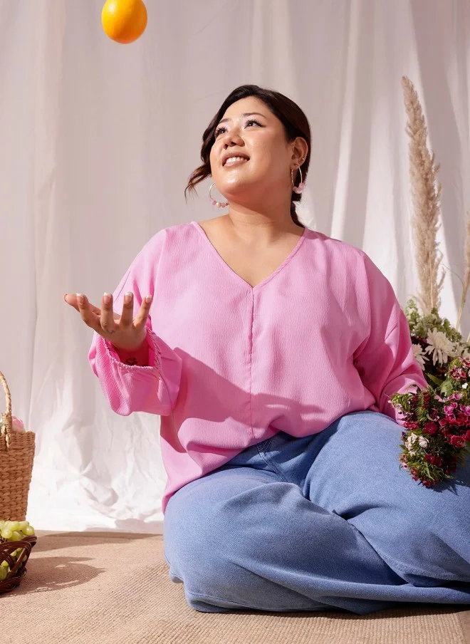 CURVY STREET Pink Puff Sleeve Regular Top for Women