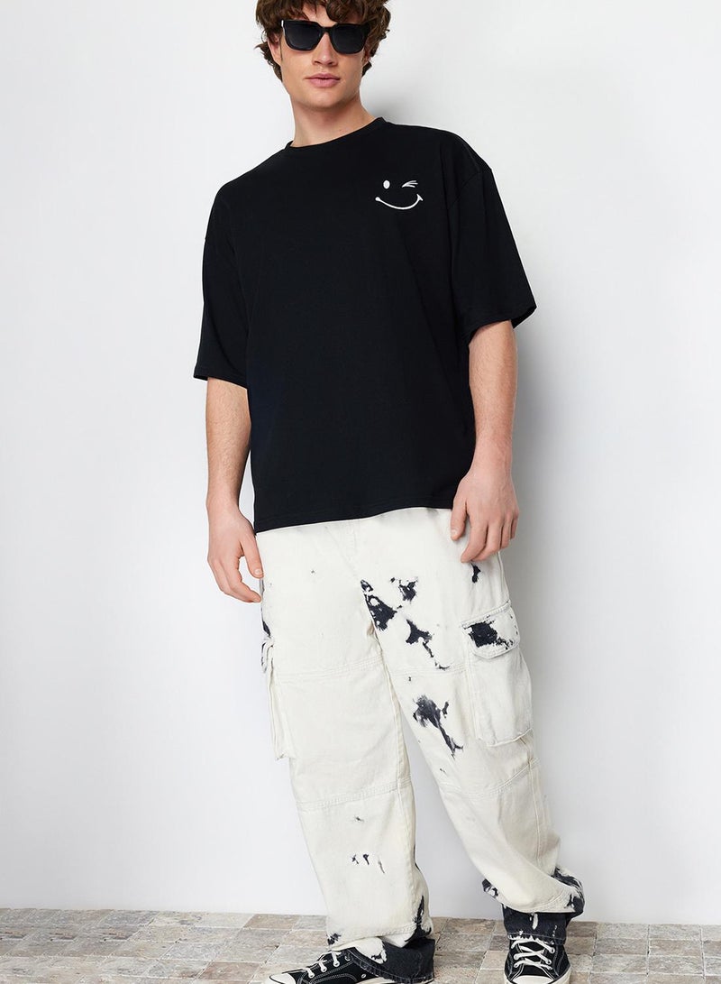 trendyol Black Oversize Cotton T-Shirt with Embroidery Detail - TMNSS21TS3685 - Image 2