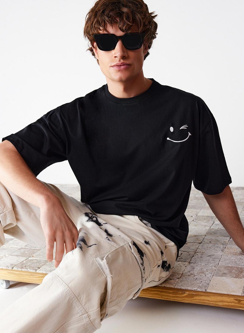 trendyol Black Oversize Cotton T-Shirt with Embroidery Detail - TMNSS21TS3685 - Image 1