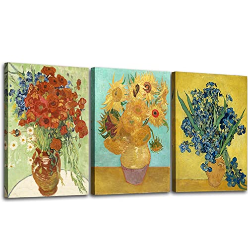OKEXCKK Sunflowers of Vincent Van Gogh Wall Art, Irises Flower Paintings Artwork Reproduction, Giclee Canvas Prints Pictures for Bedroom Kitchen Bathroom Decor 12"x16"x 3 Pcs - Image 1
