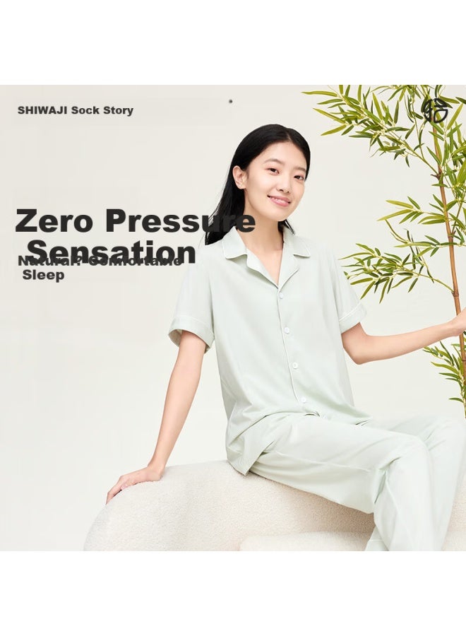 Picking up socks Shiwa Ji Cloud Cotton Women's Pajama Set Summer Ice Silk Cool Cardigan Anti-mite Short Sleeve Wearable Homewear Water Green M - Image 1