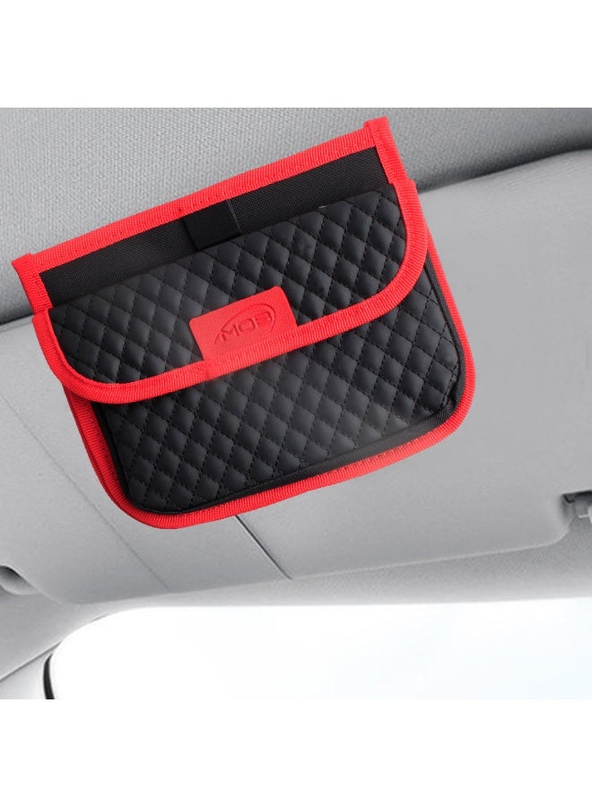 موب حقيبة تخزين واقي الشمس للسيارة MOB-57 - منظم من جلد البولي يوريثان المبطن بحواف حمراء | حقيبة واقية من الشمس للبطاقات والمستندات والأقلام والمستلزمات الصغيرة | سهلة التركيب بحزام | مناسبة لجميع أنواع السيارات وسيارات الدفع الرباعي - Image 1
