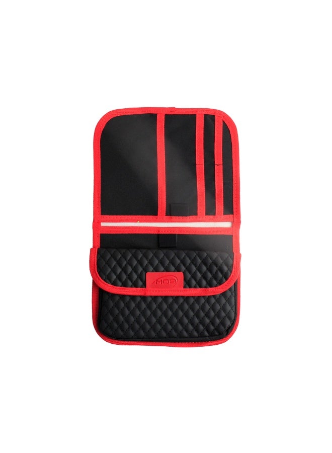 موب حقيبة تخزين واقي الشمس للسيارة MOB-57 - منظم من جلد البولي يوريثان المبطن بحواف حمراء | حقيبة واقية من الشمس للبطاقات والمستندات والأقلام والمستلزمات الصغيرة | سهلة التركيب بحزام | مناسبة لجميع أنواع السيارات وسيارات الدفع الرباعي - Image 3