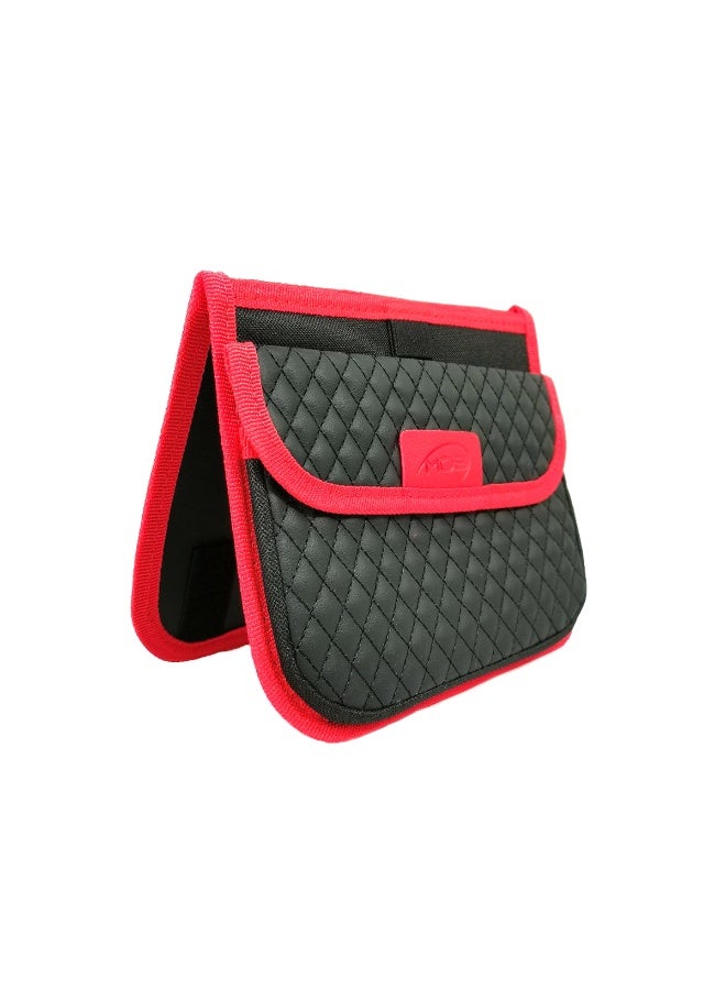 موب حقيبة تخزين واقي الشمس للسيارة MOB-57 - منظم من جلد البولي يوريثان المبطن بحواف حمراء | حقيبة واقية من الشمس للبطاقات والمستندات والأقلام والمستلزمات الصغيرة | سهلة التركيب بحزام | مناسبة لجميع أنواع السيارات وسيارات الدفع الرباعي - Image 5