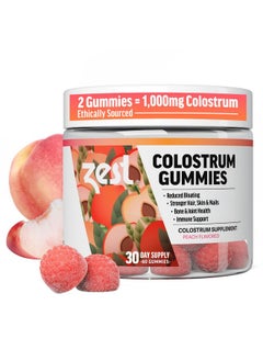 Zest Colostrum Supplement Gummy Chews for Adults - Ethically Sourced High IgG for Gut Health, Immunity, Bloating, Skin & Hair - Sugar Free & Gluten Free - Peach (60 Gummies, 1,000mg Bovine Colostrum)