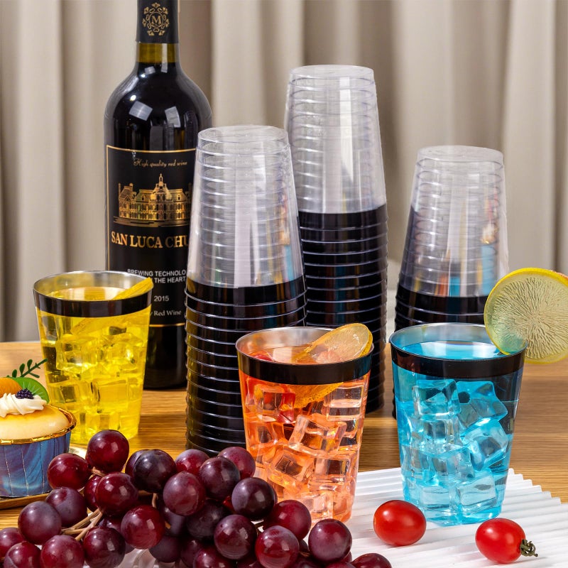 DaYammi DaYammi 100 Pack Black Plastic Cups 10Oz Clear Disposable Cups with Black Rim  Clear Cocktail Cup Heavy Duty Disposable Wine Glasses Disposable Fancy Plastic Cups for Wedding Party - Image 1