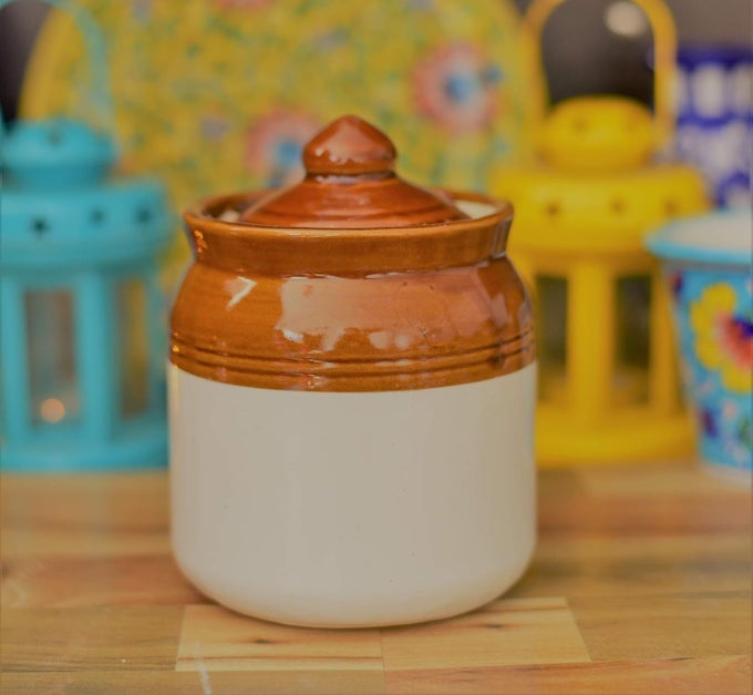 CREAM POTTERY HAND PAINTAED CERAMIC CORNICHON STORAGE JAR FOR PICKLE 750 GR CREAM PACK OF 1