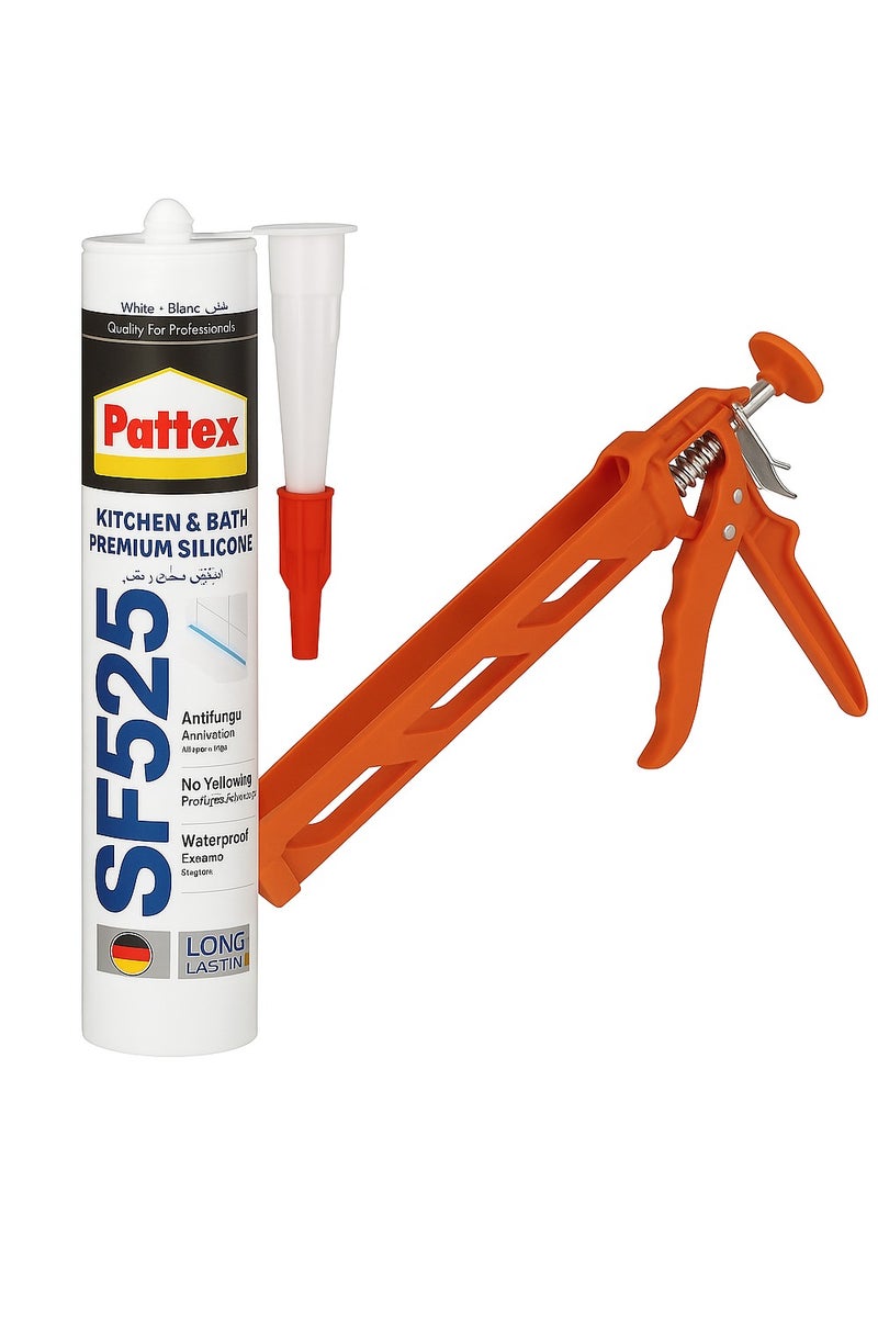 Pattex Sf525 Silicone Sealant And Silicone Gun - Premium Kitchen And Bath silicone sealant and Heavy Duty Series Mould Resistant, Ideal For Showers, Toilets Tiles, Easy Bathroom Sealant 1X280ML Cartridge - Image 1