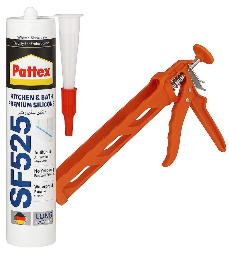 Pattex سيليكون باتكس SF525 ومسدس سيليكون - سيليكون متميز للمطابخ والحمامات ومقاوم للعفن، مثالي للاستحمام، والمراحيض، والبلاط، سهل الاستخدام 1X280ML كارتريدج - Image 1