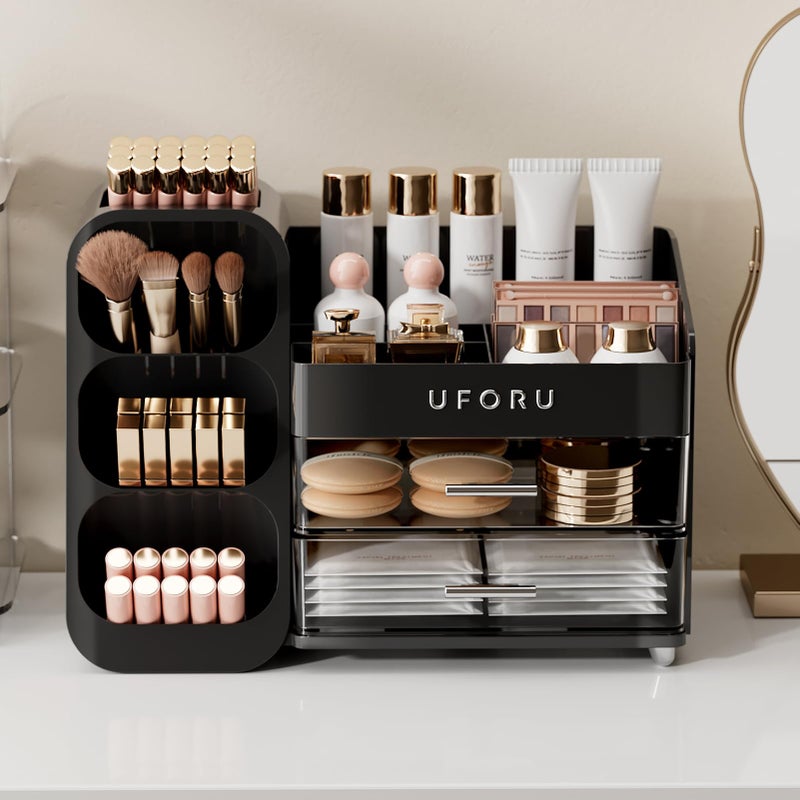 UFORU Makeup Organizer for Vanity with Brush Holder, Countertop Skincare Organizer with 2 Drawers, Spacious Cosmetic Display Case for Perfumes, Cologne, Shaving Lotion - Image 2