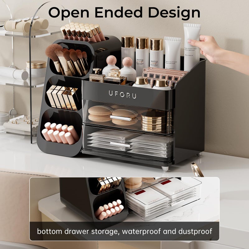 UFORU Makeup Organizer for Vanity with Brush Holder, Countertop Skincare Organizer with 2 Drawers, Spacious Cosmetic Display Case for Perfumes, Cologne, Shaving Lotion - Image 5