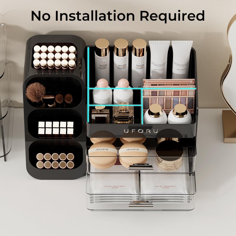 UFORU Makeup Organizer for Vanity with Brush Holder, Countertop Skincare Organizer with 2 Drawers, Spacious Cosmetic Display Case for Perfumes, Cologne, Shaving Lotion - Image 4