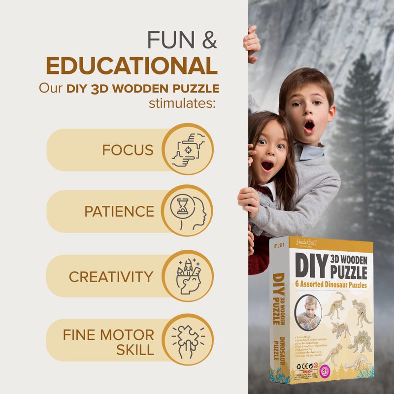 Hands Craft DIY 3D Wooden Puzzle – 6 Assorted Dinosaur Bundle Pack Set Brain Teaser Puzzles Educational STEM Toy Adults and Kids to Build Safe and Non-Toxic Easy Punch Out Premium Wood JP2B1 - Image 3