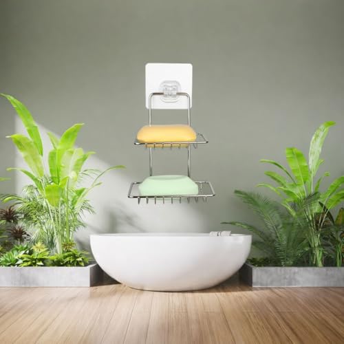 RACKORA Wall Mounted Double Layer soap Dish Holder Stainless Steel Wall Hanging Soap Storage Rack for Kitchen Bathroom-with Self Adhesive Magic Sticker (Silver) - Image 2