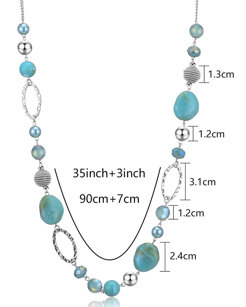 BULINLIN Beaded Long Necklace for Women Silver Sweater Chain Necklace with Crystal Resin Beads, Fashion Jewelry Necklace(Turquoise) - Image 5