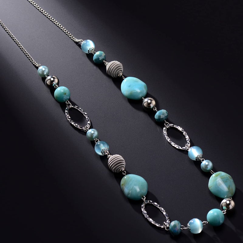 BULINLIN Beaded Long Necklace for Women Silver Sweater Chain Necklace with Crystal Resin Beads, Fashion Jewelry Necklace(Turquoise) - Image 4