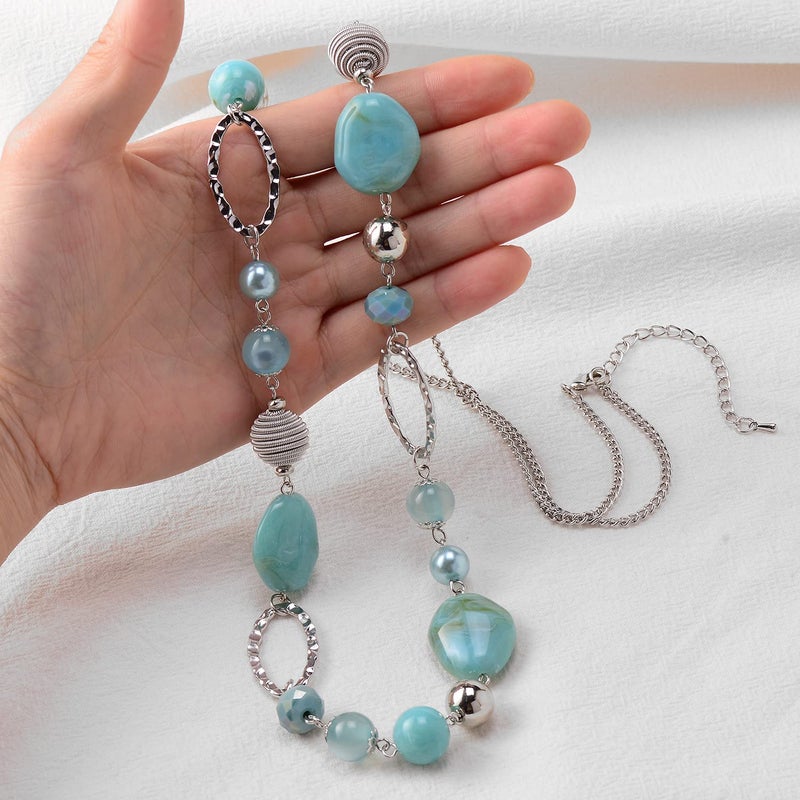 BULINLIN Beaded Long Necklace for Women Silver Sweater Chain Necklace with Crystal Resin Beads, Fashion Jewelry Necklace(Turquoise) - Image 3