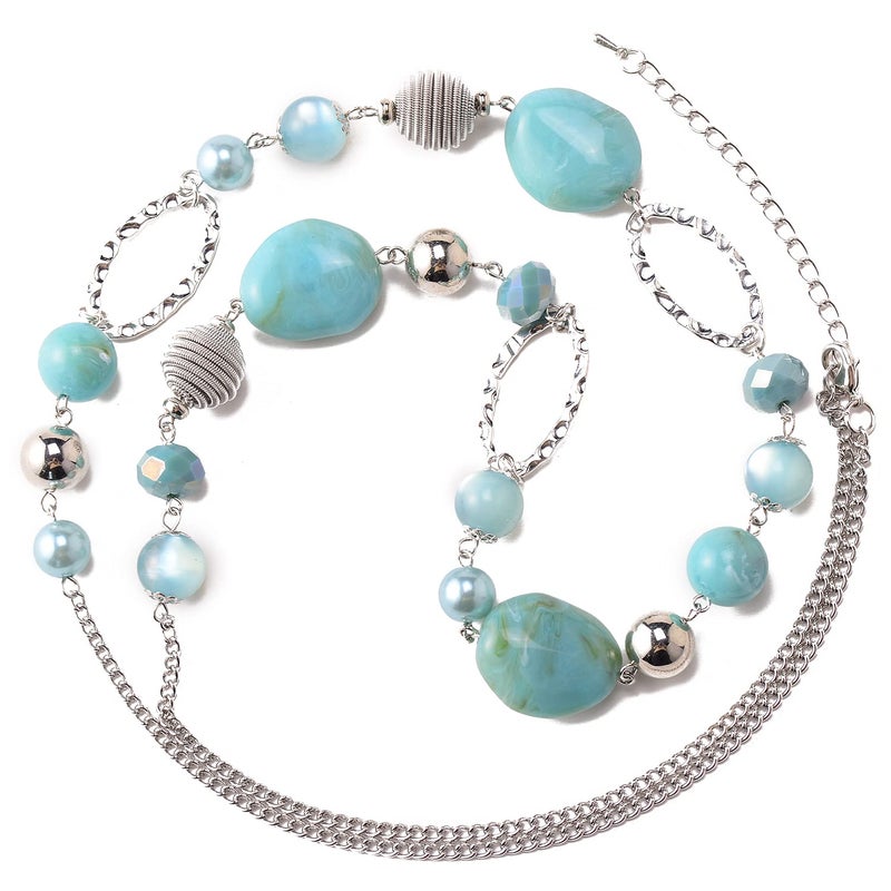BULINLIN Beaded Long Necklace for Women Silver Sweater Chain Necklace with Crystal Resin Beads, Fashion Jewelry Necklace(Turquoise) - Image 2