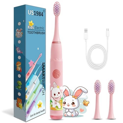 US1984 Sonic Electric Toothbrush for Kids with 4 Modes, 3 Brush Heads & Rechargeable Battery, Ultra Soft Nylon Bristles, IPX7 Waterproof, Electric Power Tooth brush (Pink) - Image 1