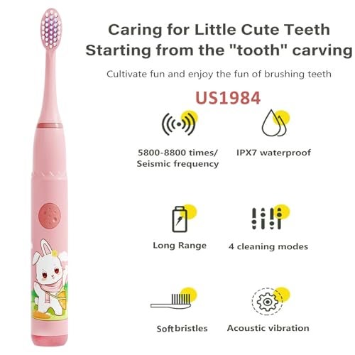 US1984 Sonic Electric Toothbrush for Kids with 4 Modes, 3 Brush Heads & Rechargeable Battery, Ultra Soft Nylon Bristles, IPX7 Waterproof, Electric Power Tooth brush (Pink) - Image 4