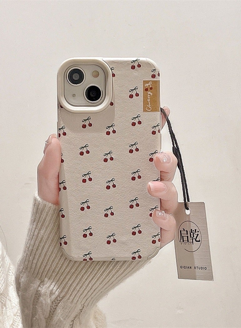 NIBEMINENT White Leather Wine Red Cherry Protective TPU Case Cover For iPhone 16 Plus, Little Cherry