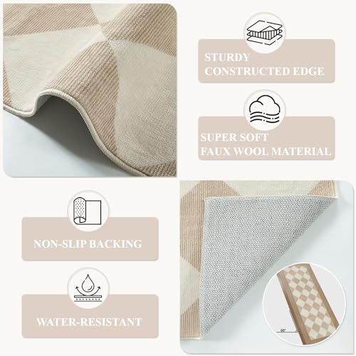 Beeiva Checkered Print Rug Runners for Hallways Non Slip 2.5x8, Ultra Thin Beige Kitchen Runner Rugs Non Skid Washable, Classic Neutral Gingham Decor Faux Wool Carpet for Bathroom Bedroom Entryway - Image 5