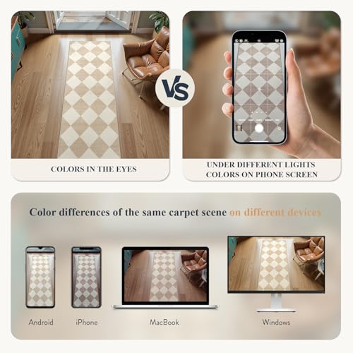 Beeiva Checkered Print Rug Runners for Hallways Non Slip 2.5x8, Ultra Thin Beige Kitchen Runner Rugs Non Skid Washable, Classic Neutral Gingham Decor Faux Wool Carpet for Bathroom Bedroom Entryway - Image 4