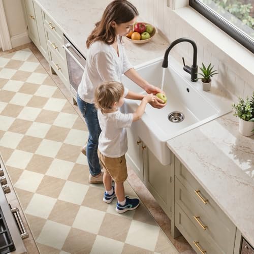 Beeiva Checkered Print Rug Runners for Hallways Non Slip 2.5x8, Ultra Thin Beige Kitchen Runner Rugs Non Skid Washable, Classic Neutral Gingham Decor Faux Wool Carpet for Bathroom Bedroom Entryway - Image 3