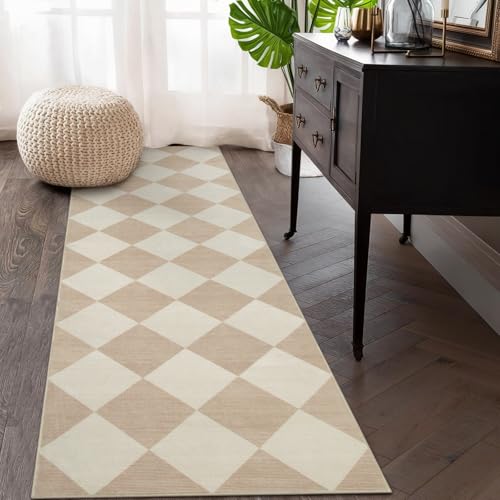 Beeiva Checkered Print Rug Runners for Hallways Non Slip 2.5x8, Ultra Thin Beige Kitchen Runner Rugs Non Skid Washable, Classic Neutral Gingham Decor Faux Wool Carpet for Bathroom Bedroom Entryway - Image 2