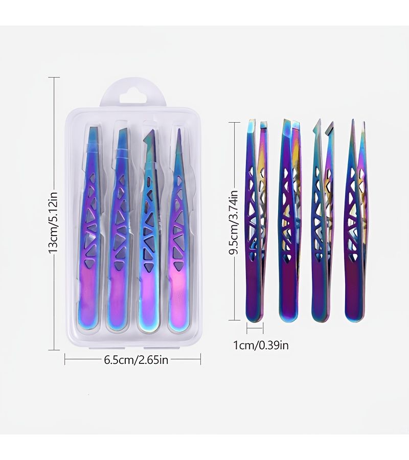 Colored Titanium 4 Piece Set High Precision Stainless Steel Hollow Eiffel Tower Tweezers Eyebrow Trimming Pliers Hair Removal Tool For Stray Hairs Gift - Image 5