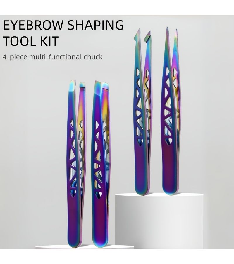Colored Titanium 4 Piece Set High Precision Stainless Steel Hollow Eiffel Tower Tweezers Eyebrow Trimming Pliers Hair Removal Tool For Stray Hairs Gift - Image 3