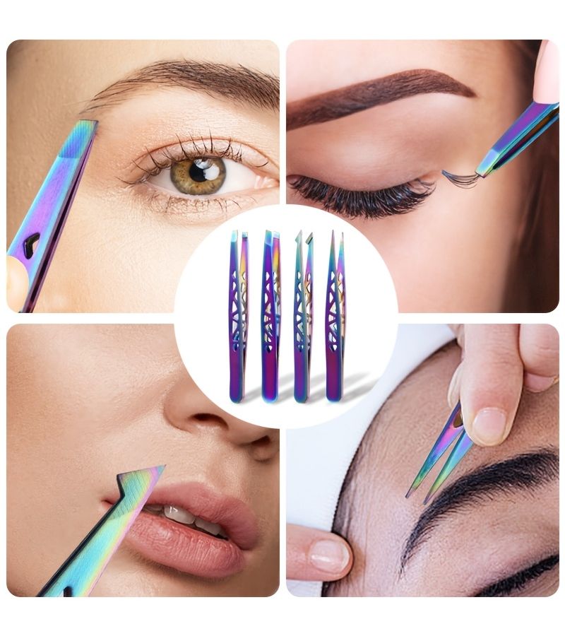 Colored Titanium 4 Piece Set High Precision Stainless Steel Hollow Eiffel Tower Tweezers Eyebrow Trimming Pliers Hair Removal Tool For Stray Hairs Gift - Image 4