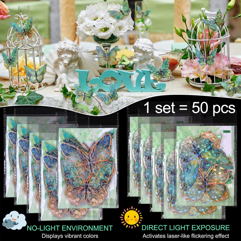 RAINBOW WSK 50 PCs Butterfly Wall Decor Cute Fairy Butterflies Wall Stickers 3D Butterflies for Birthday Cake Wedding Party Craft Room Decor Removable DIY Wall Decals sm- (Green) - Image 2