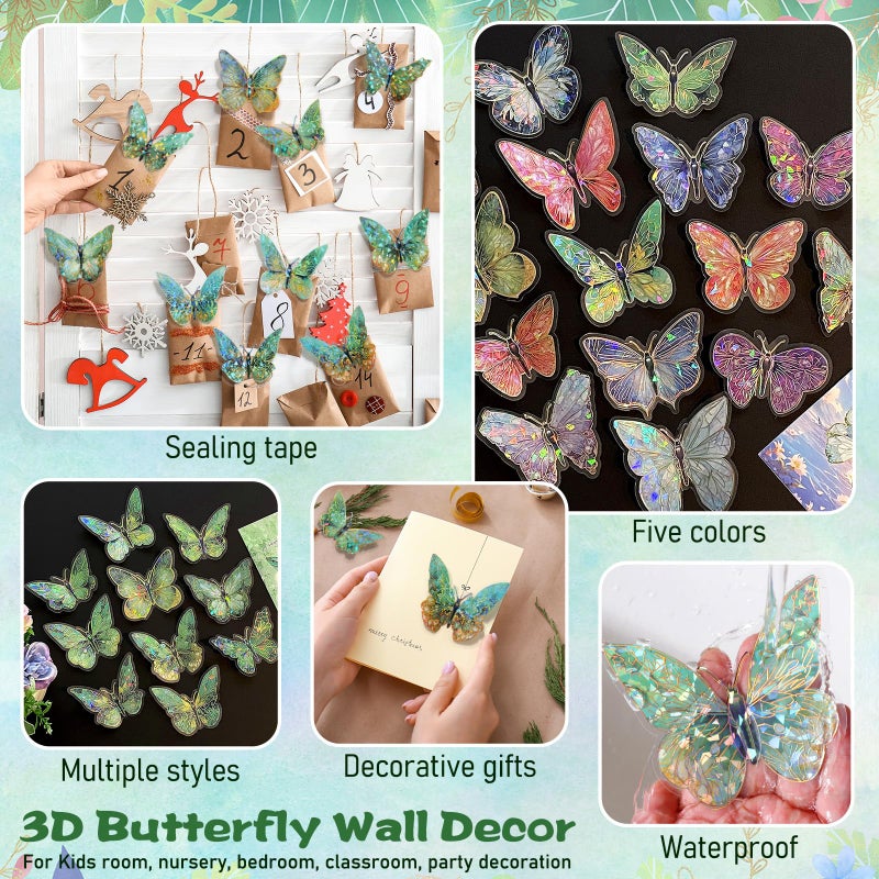 RAINBOW WSK 50 PCs Butterfly Wall Decor Cute Fairy Butterflies Wall Stickers 3D Butterflies for Birthday Cake Wedding Party Craft Room Decor Removable DIY Wall Decals sm- (Green) - Image 3