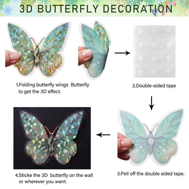 RAINBOW WSK 50 PCs Butterfly Wall Decor Cute Fairy Butterflies Wall Stickers 3D Butterflies for Birthday Cake Wedding Party Craft Room Decor Removable DIY Wall Decals sm- (Green) - Image 5