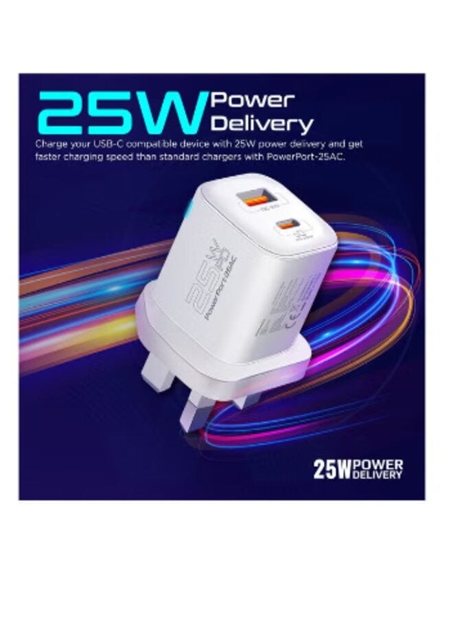 general AC Charger, Premium 25W Type-C Power Delivery Dual Port Wall Charger With 18W Qualcomm QC 3.0 USB Port, Adaptive Fast Charging And Surge Protection White - Image 2
