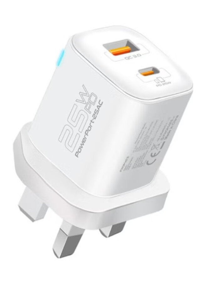 general AC Charger, Premium 25W Type-C Power Delivery Dual Port Wall Charger With 18W Qualcomm QC 3.0 USB Port, Adaptive Fast Charging And Surge Protection White - Image 1