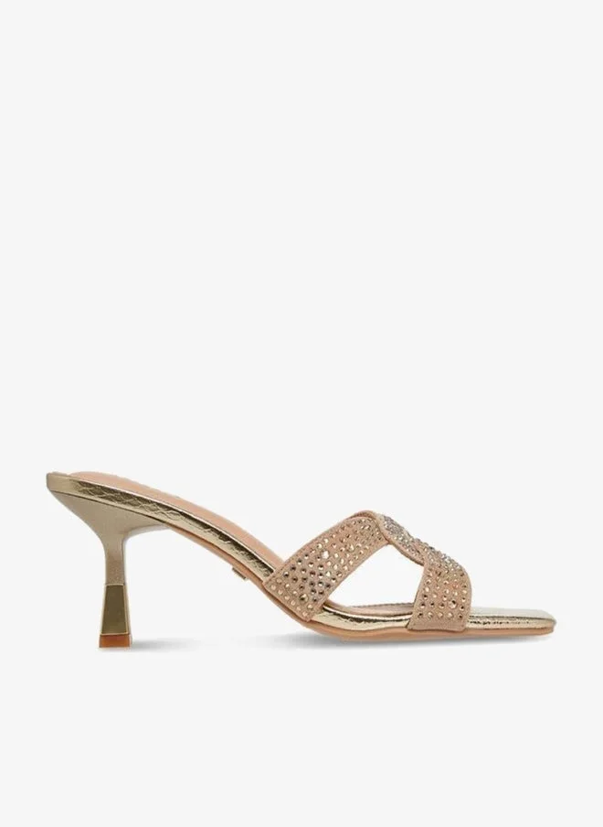 Celeste GOLD Women's Embellished Slip-On Sandals with Flared Heels for Women | Best Price UAE