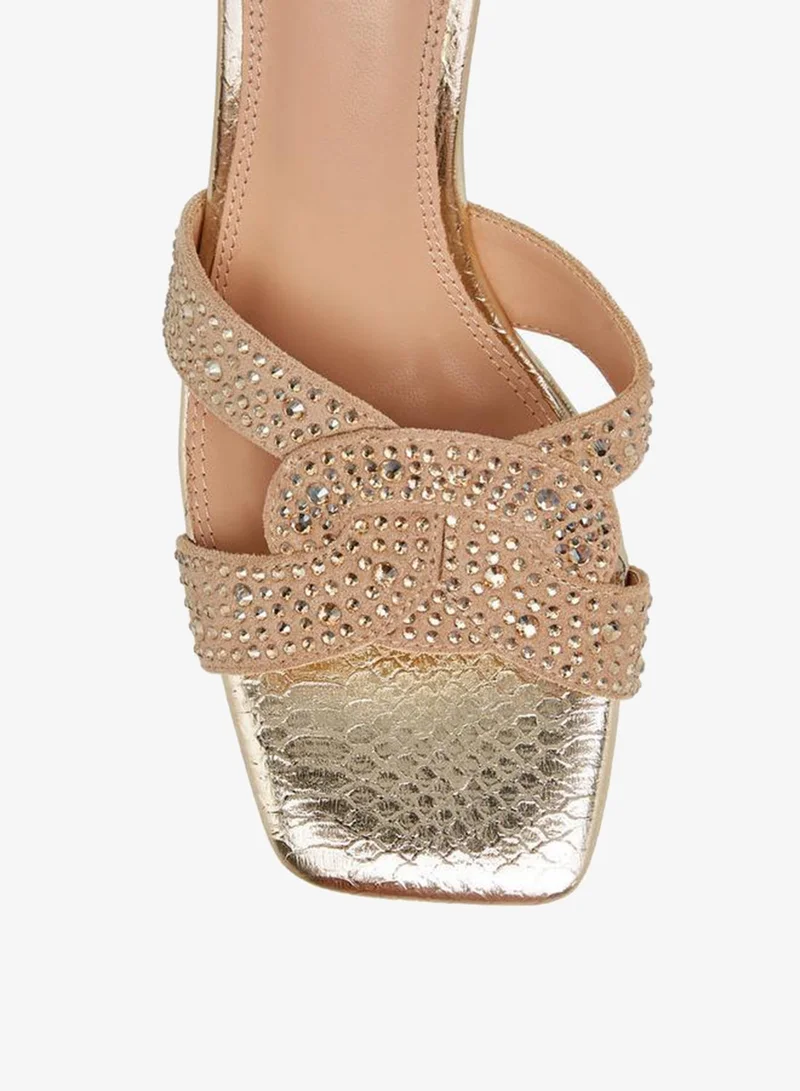 Celeste GOLD Women's Embellished Slip-On Sandals with Flared Heels for Women | Best Price UAE