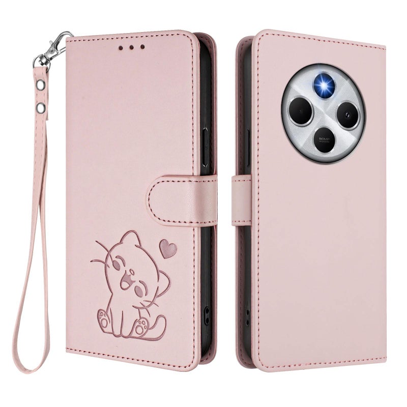 erorex For Redmi A4 5G / A3 Pro / 14C 4G / 14R Embossed  Cat Leather Phone Case with Hand Strap(Pink) - Image 2