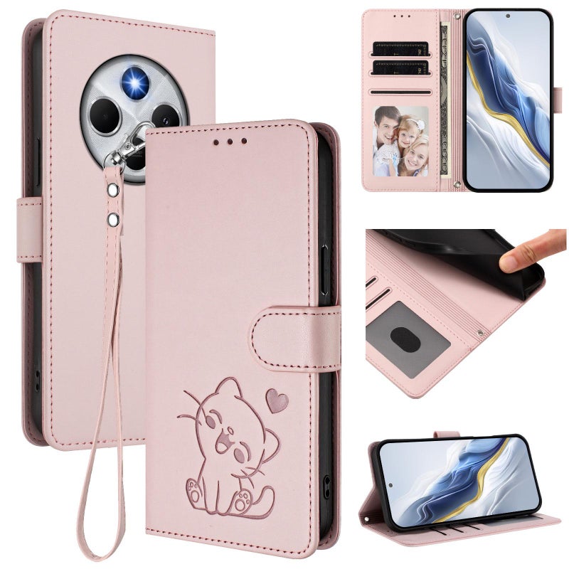 erorex For Redmi A4 5G / A3 Pro / 14C 4G / 14R Embossed  Cat Leather Phone Case with Hand Strap(Pink) - Image 1