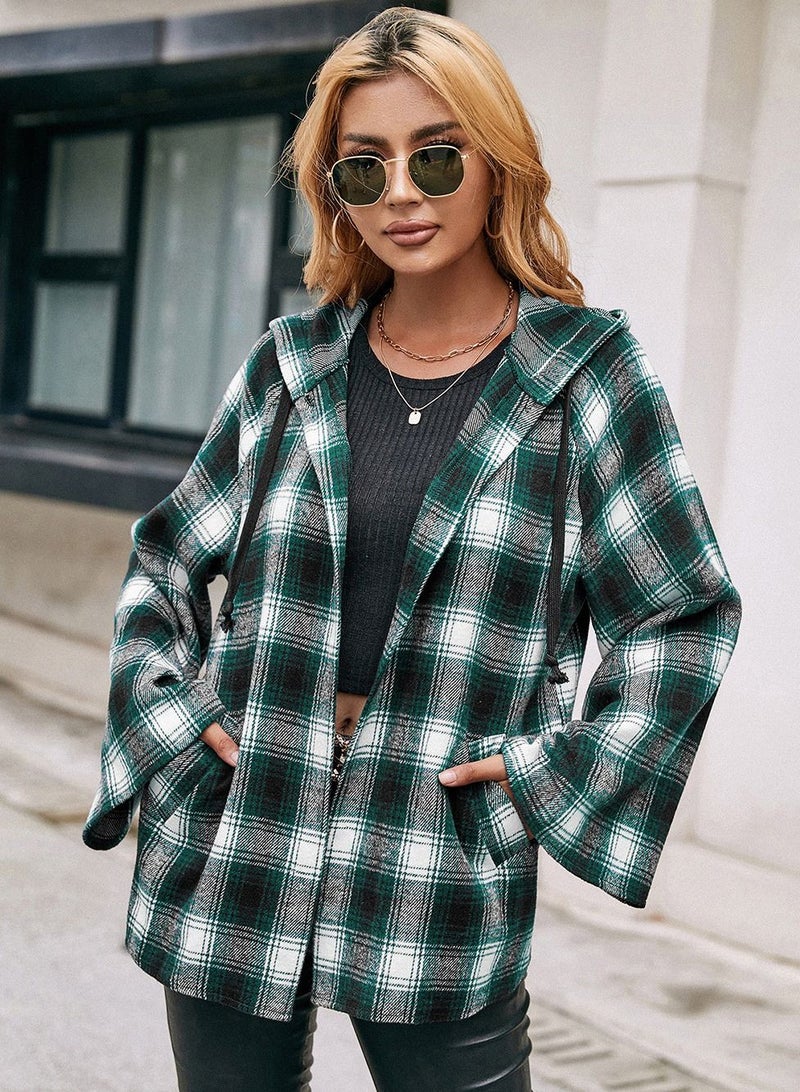 Loquat Hooded Loose Casual Cardigan Plaid Shirt Coat Multicolour - Image 3