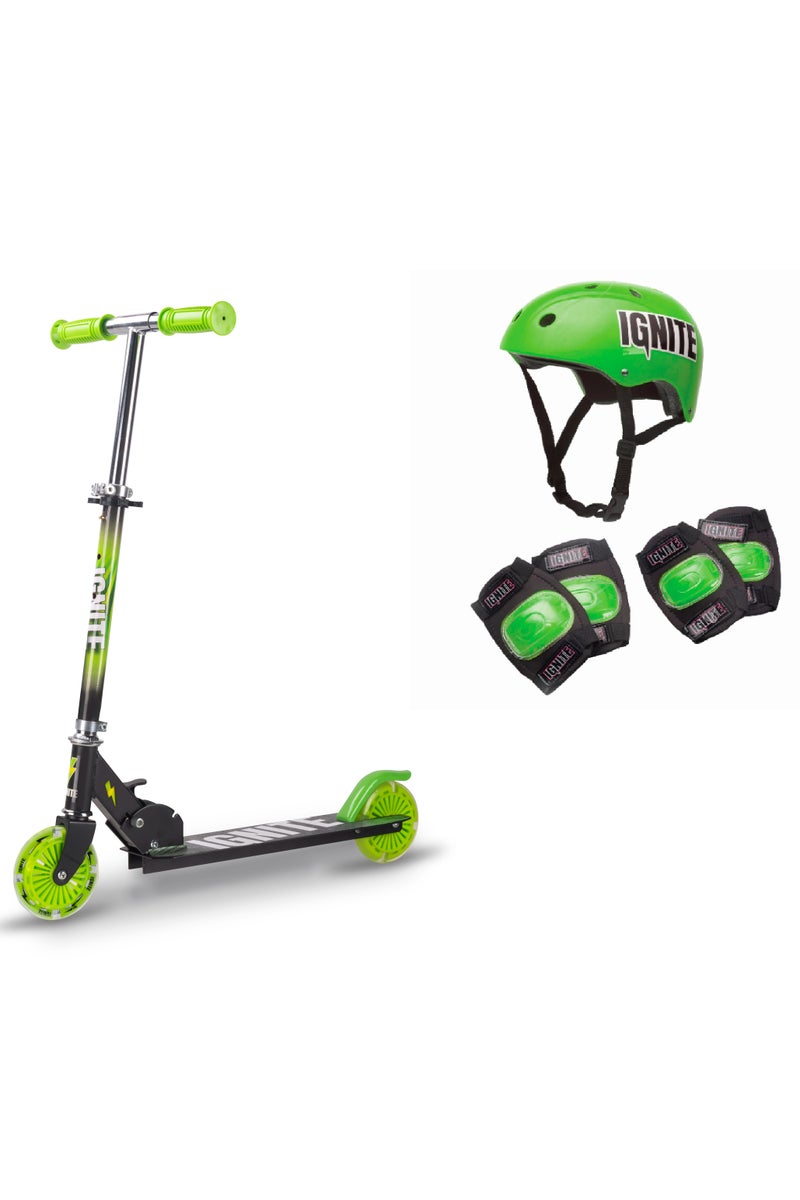 MONDO Ignite Flow 2-wheeled Green Scooter with Safety Pads & Helmet | LED Light Up-Wheels | Kids Scooter | Adjustable Height | Outdoor Adventure - Image 1