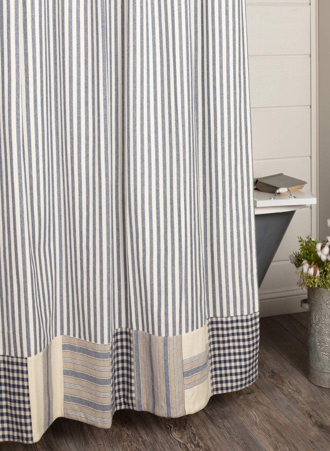 Piper Classics Doylestown Blue Ticking Shower Curtain w/Block Border, 72x72, Blue & Cream Checks, Grain Sack and Ticking Stripes, Rustic Farmhouse, Country, Cottage Bathroom - Image 1