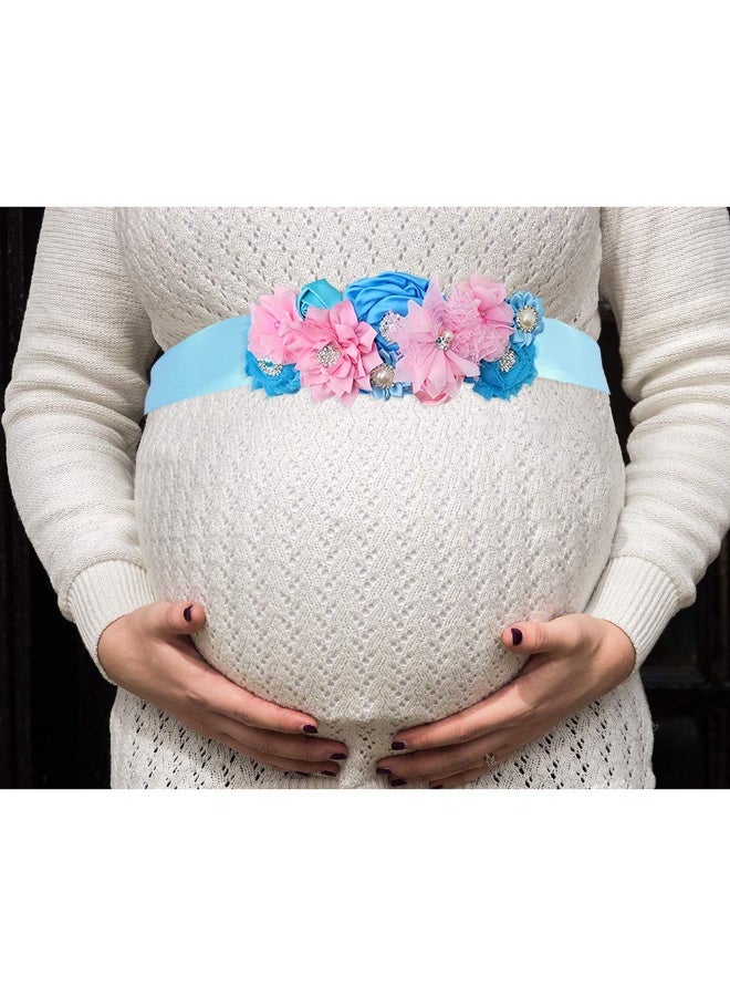 TTCOROCK TTCOROCK Gender Reveal Maternity Sash - Baby Reveal Pregnancy Sash Keepsake Baby Shower Flower Belly Belt (Pink & Blue)  - Image 3
