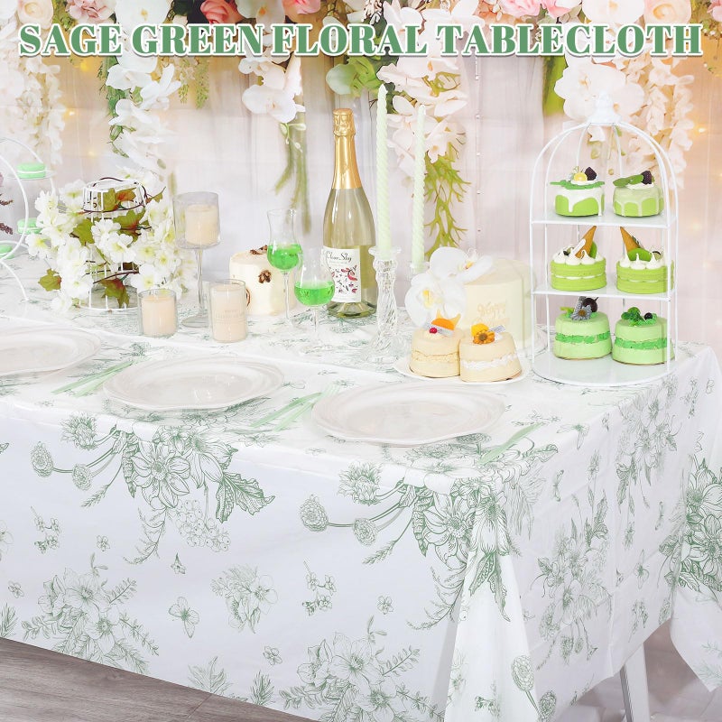 NatNarr 3 Pack Sage Green Floral Plastic Tablecloths, 54 X 108Inch Tea Party Tablecloth Disposable Table Cloths Green and White Porcelain Tables Decor for Mother's Day Birthday Garden Wedding Tea Party - Image 3